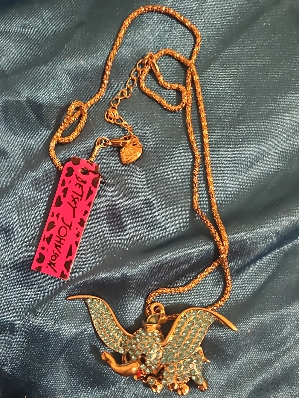 Betsey Johnson Gold Tone Elephant Pendant Necklace with Blue Crystals